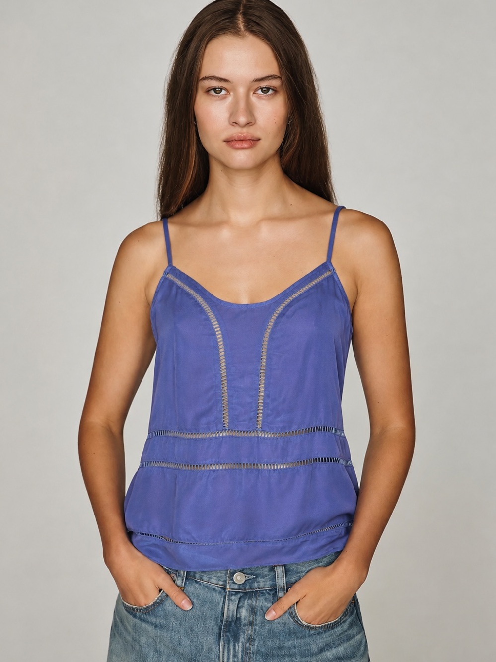 Silence + Noise 100% Silk Ladder Lace Trim Cami Top Cobalt Blue Purple S NWOT